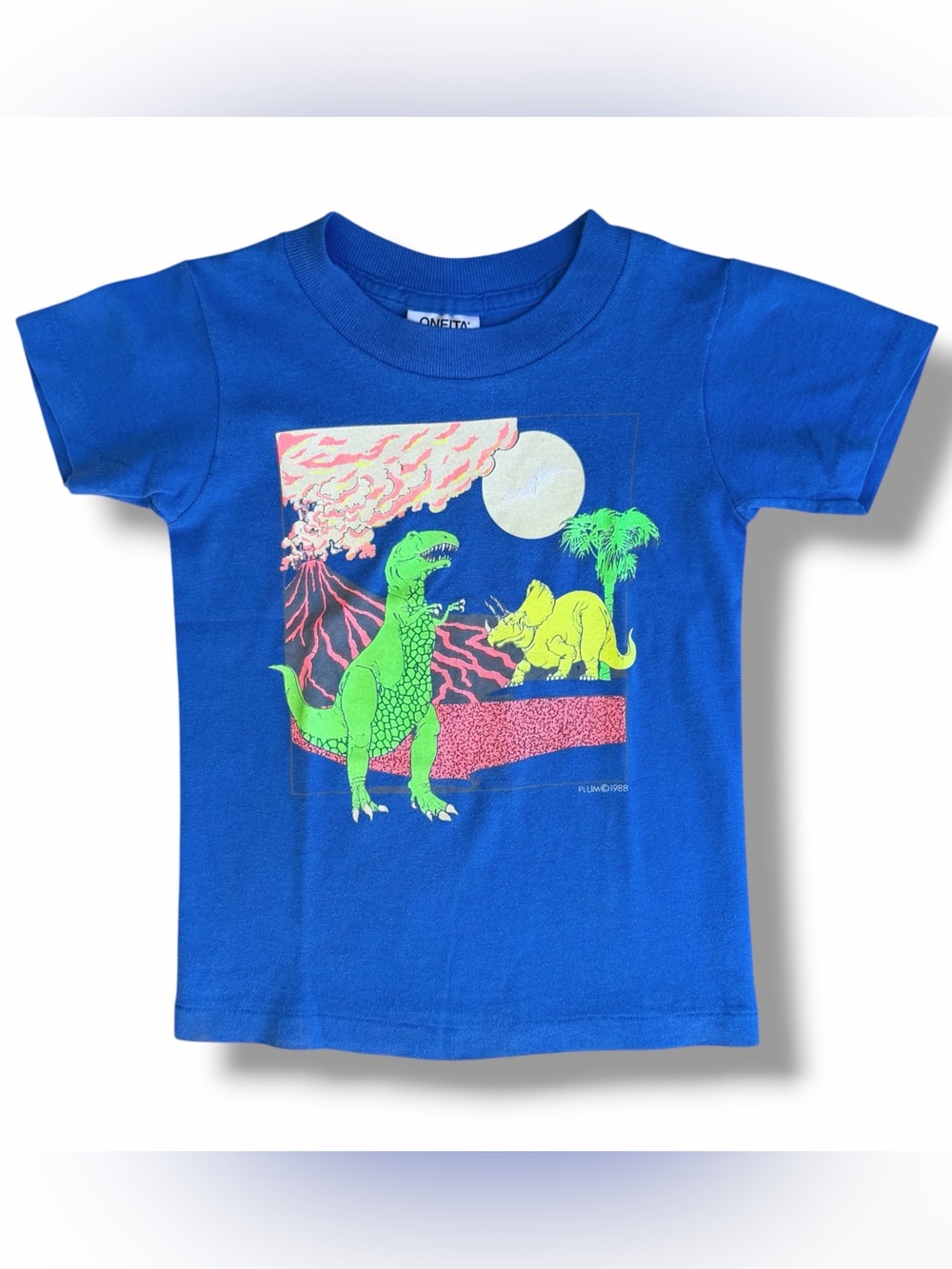 Youth Vintage 80s Dinosaur Oneita T-Shirt Blue Size Small (6-8) USA
